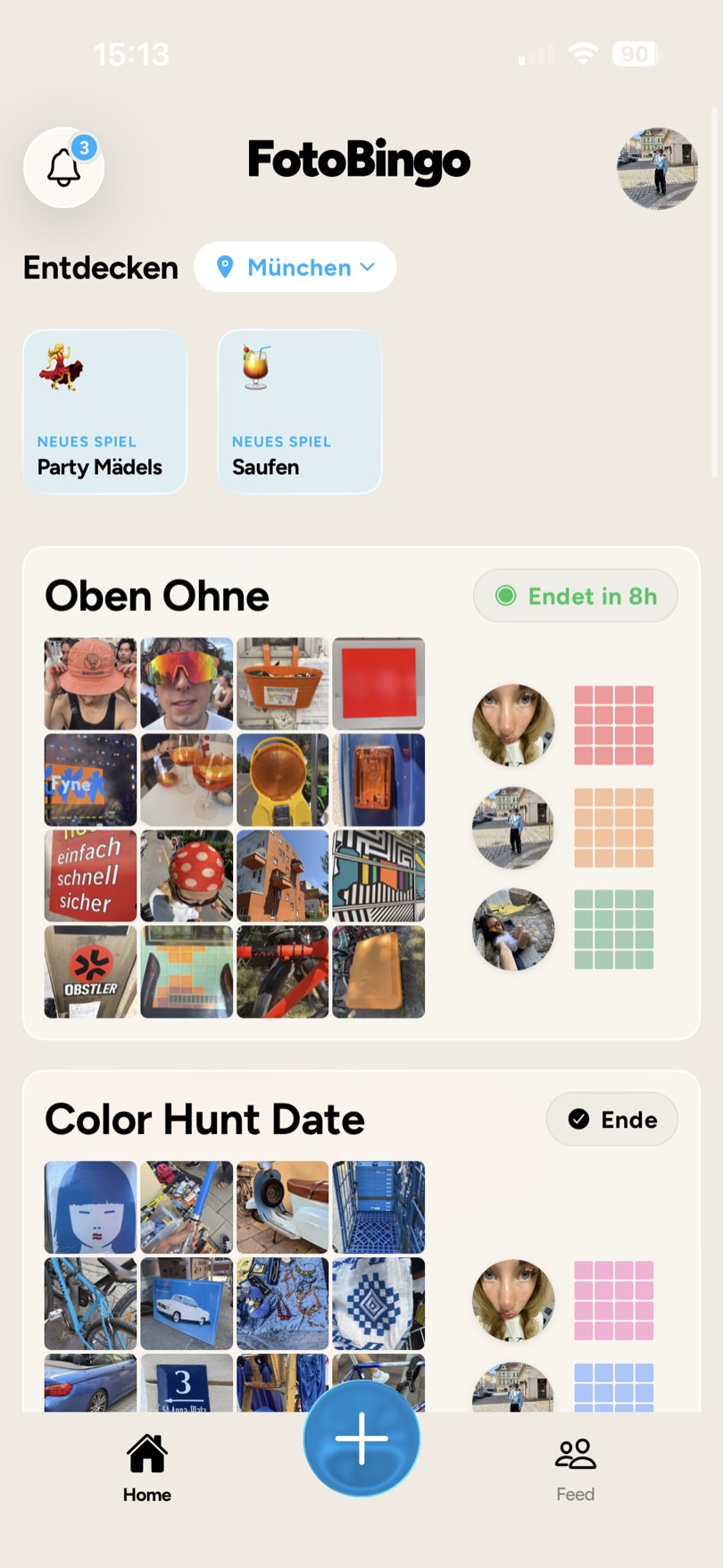 FotoBingo App: Startbildschirm mit den laufenden Boards