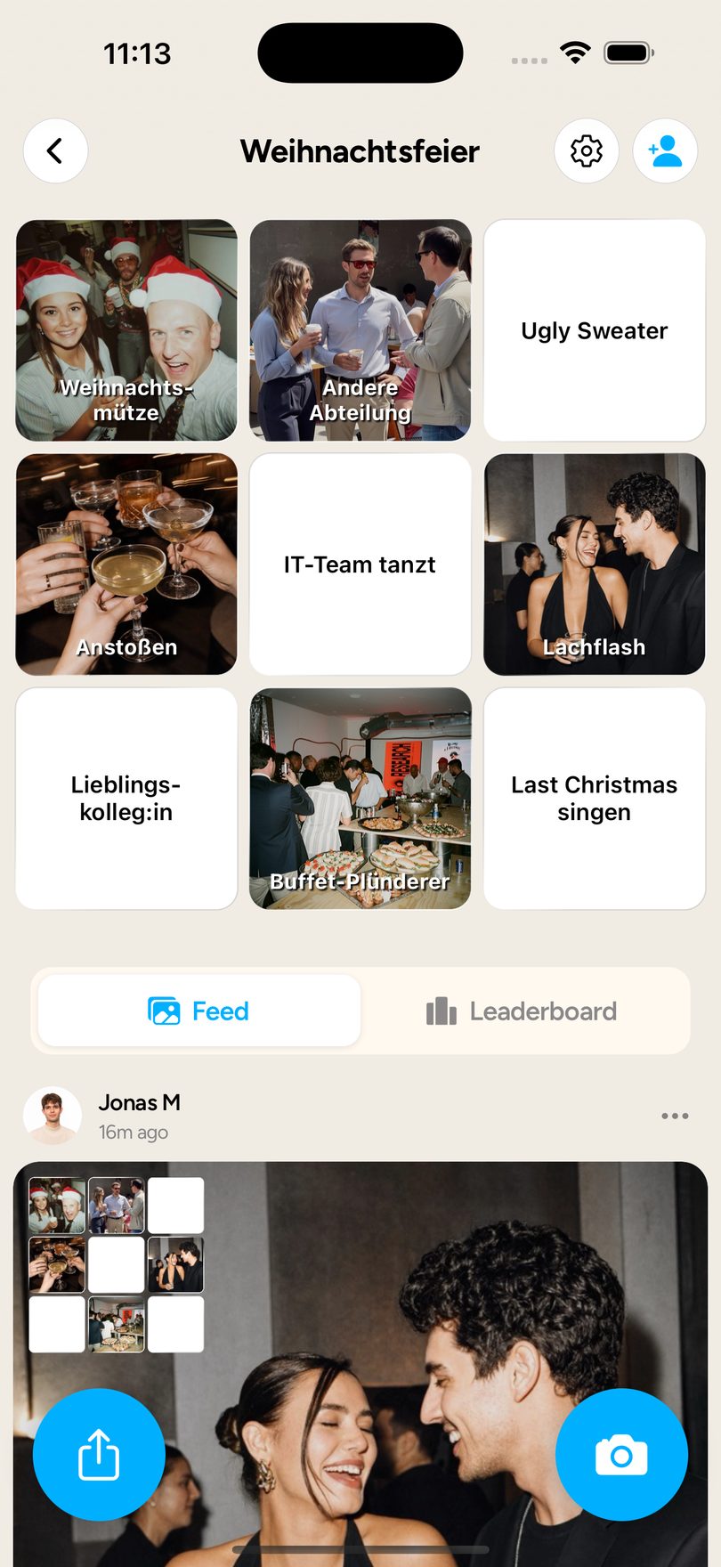 FotoBingo board of a Christmas party mid-game (in German): Santa hat, other department, cheers, laughing fit and buffet raider are solved with photos; ugly sweater, IT team dancing, favourite colleague and singing Last Christmas are still open