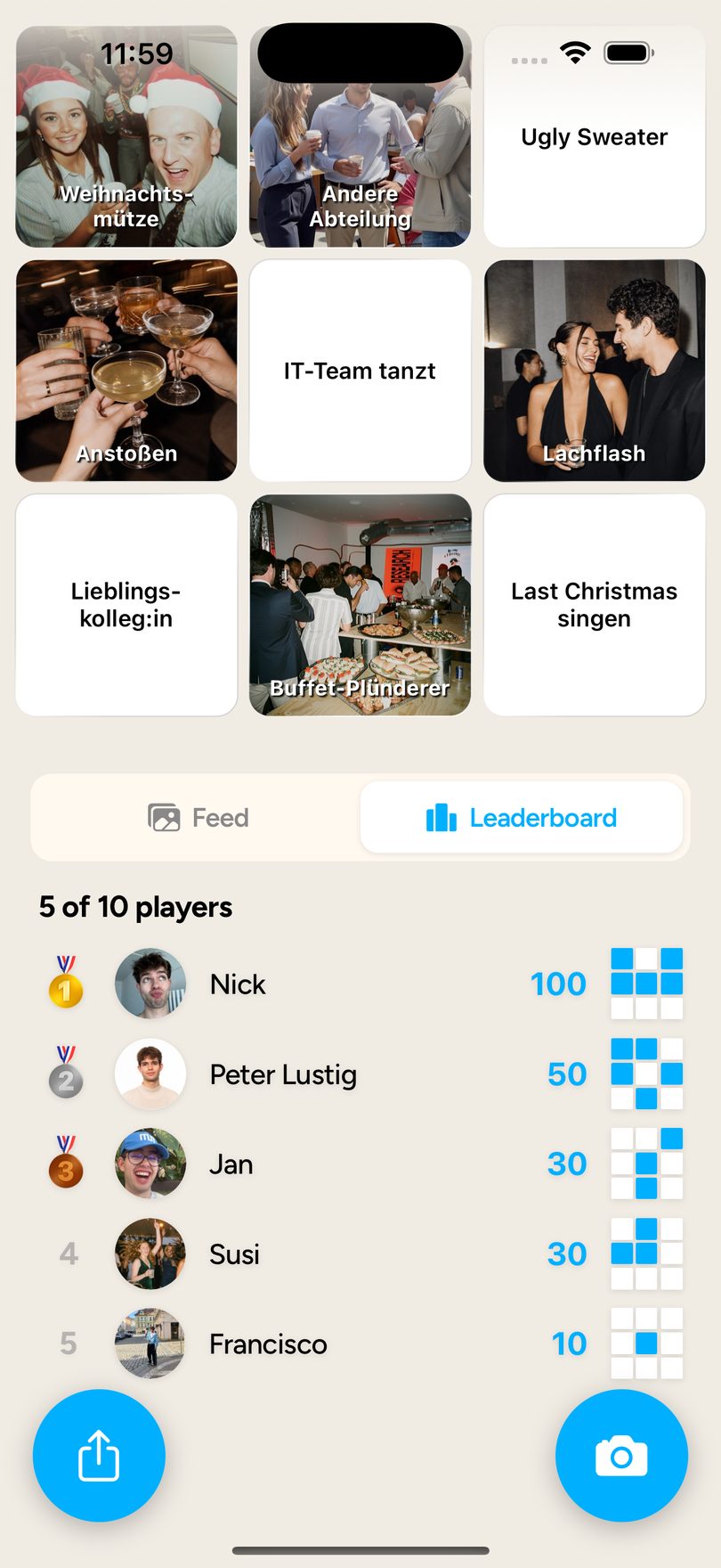 FotoBingo app: leaderboard of the same Christmas party with points and solved tiles per player