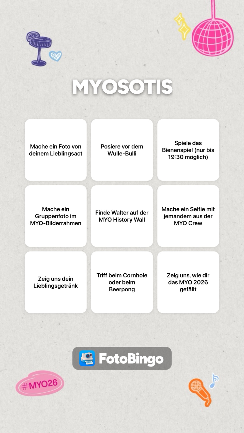 Das FotoBingo-Board des MYOSOTIS Festivals 2026 im Festival-Design mit neun Foto-Challenges