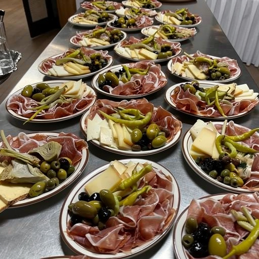 Long table set with antipasti platters for the guests