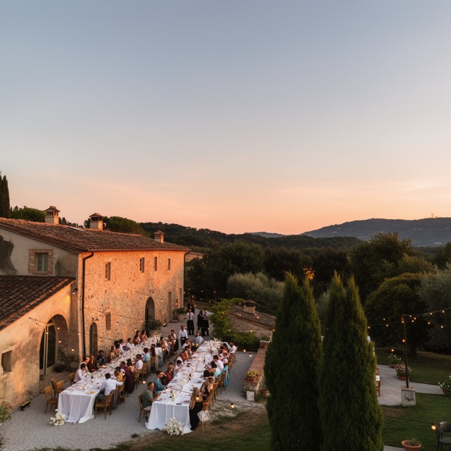 Tuscan wedding venue at sunset, with a long table laid in the garden