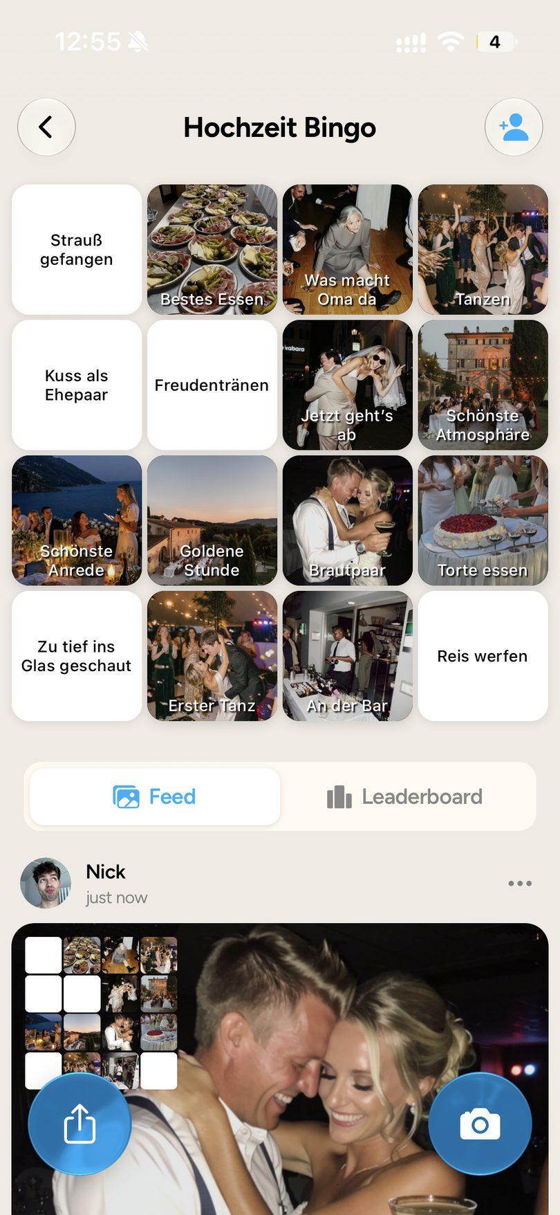 FotoBingo Hochzeits-Board mit Foto-Challenges und bereits gesammelten Gästefotos