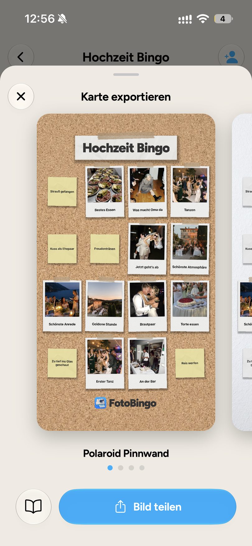Export des Hochzeits-Boards als Polaroid-Pinnwand voller Gästefotos
