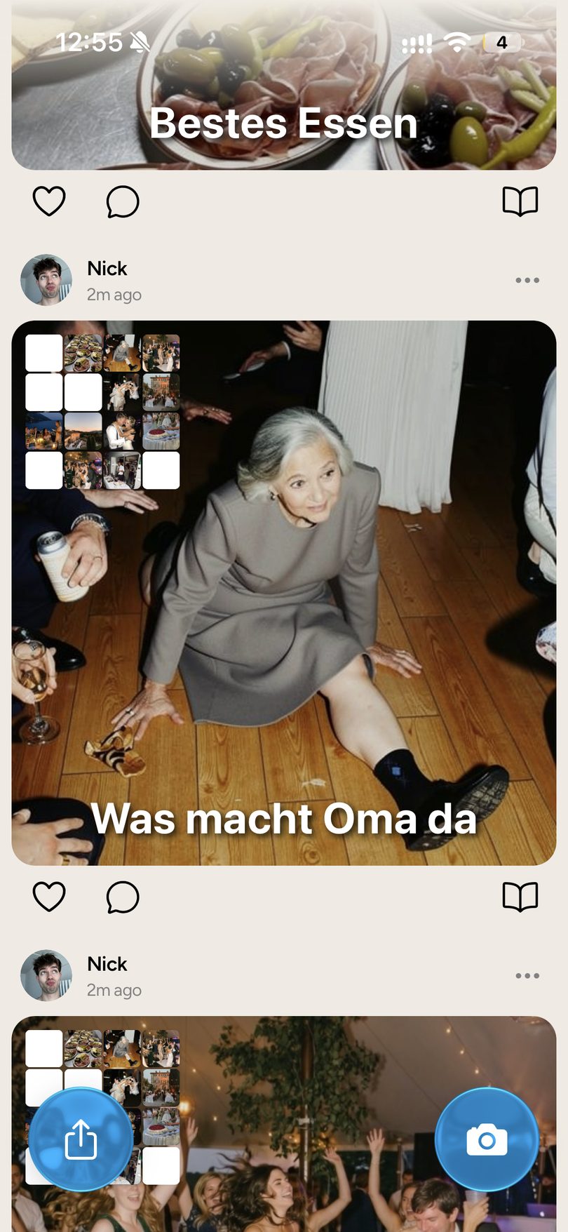 Gemeinsamer FotoBingo Feed: Oma auf der Tanzfläche, fotografiert von einem Hochzeitsgast